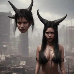 A black-haired tribal woman with demon horns standing on a sidewalk in a cyberpunk city