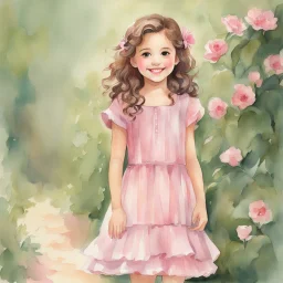 watercolor, full body, cute smile girl, curly hair, big eyes, long brown hair, pink dress, pink shoes