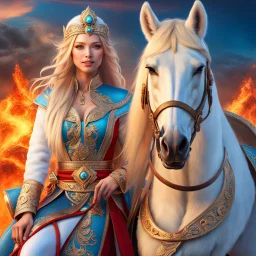 (masterpiece, best quality, 8k, RAW photo, beautiful and aesthetic:1.2), complex detail, Indirect light, photorealistic, (((full body))), 2 Gorgeous Cosmic russian asian goddess smiling, long curved blonde hair, blue eyes, Mixed, sci-fi and traditional russian outfit with white furs and chapka, on a horse of fire companion, a colorfull Sci-Fi environment