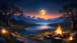 a night scene with a campfire and a full moon, magical landscape, detailed dreamscape, nighttime nature landscape, beautiful moonlight night, night scenery, very beautiful digital art, the glow of the moonlight, digital art picture, fantasy painting hd, dreamy night, beautiful art uhd 4 k, amazing wallpaper, moonlit night, fantasy artrealistic painting, magnificent background, by ank13