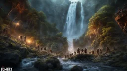 rotting zombies falling from the top of a 3.000 feet high waterfall. fantasy setting, horror. exquisite realism, a masterpiece, fantasy concept art, dynamic lighting, hyperdetailed, intricately detailed, deep color, Unreal Engine, volumetric lighting, Epic cinematic brilliant stunning intricate meticulously detailed dramatic atmospheric maximalist digital matte painting