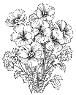 outline art for Pansy flower bouquet coloring pages for kids 2 ages , withe background, sketch style, full body, only use outline, clean line art