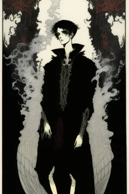 17 year old boy, necromancer, friendly, looks dead, surrounded by weird smoke with eyes, wearing black robes, in the style of Harry Clarke