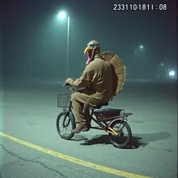 low res, low quality security cam with security cam digital artifacts and time stamp, high film grain, man dressed in a dirty torn full body turkey costume caught in security cam riding a small tricycle at night on a foggy night in an empty parking lot, found footage horror, low contrast, night vision, static hazy atmosphere