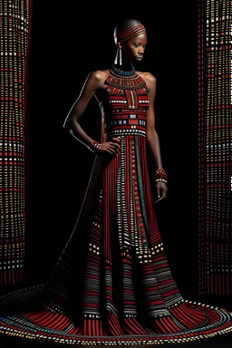 beaded Elegance: A floor-length gown adorned with intricate Maasai beadwork, forming geometric patterns along the bodice and cascading down the skirt.