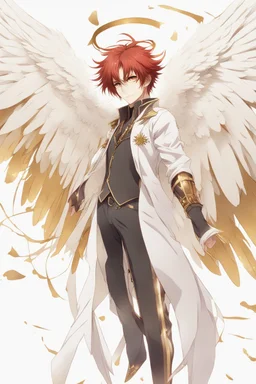 An anime adult male angel with messy red hair, gold eyes, large feathered white wings that looked burned