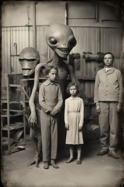 1900's black and white vintage photo, interior, teeth factory warehouse, stange long grey alien human hybrid creature with a family that is sad, captured on square format film, grainy, aged