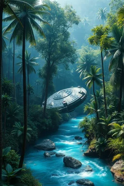 A ufo starship crashed among relict trees, tropical forest in some places covered around blue beautiful river fantasy, photo