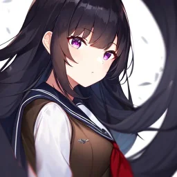 Clear focus, High resolution, long black fluffy hair, long locks, chopped bangs, purple eyes, wearing a sailor uniform outfit, (solo), wearing a brown vest, 1girl, white background