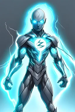 a drawing character that can control lighting and hes a superhero, hes kinda see through , and has a grey skin tone, and has a GYATT he has lightning surrounding him very fast, hes soft with a sick suit and logo