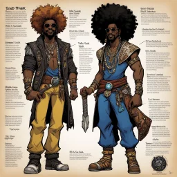 character concept sheet with AD&D statistics and characteristics, [illustration by Kevin Eastman and Peter Laird] the Obeah Man fantasy wizard , "damn, he fly" he pimps to the beat, in his new lafreak yeah, animal print pants outta control it's redfoo with the big afro