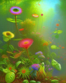 venus fly trap, flowers, jungle, impressionism, daylight, trees in background, dragonfly,