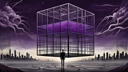 picture an cube like cage with dense bars inner stands a human figure alone , in outside around in the distance big landscape with big city and many fade human figures in the city, dark purple, gray, black, white, brown. Whimsical style and surreal vibe, lonely with neuron network background, surreal stunning vibe
