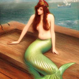 A beautiful portrait of haifa wahbi as a mermaid , leaning on a ships deck ,Rough sea in the background, (digitall art by Eugene de Blaas and Ross Tran, vibrant color scheme, highly detailed, in the style of romanticism, cinematic, artstation best quality, realistic lighting, masterpiece portrait, details light dusting , cowboy shot from above, simple chain hauberk Vector art digital illustration 3D shading )