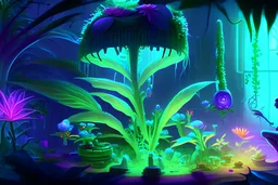 spaceship scene with a female humanoid plant made of vibrant, bioluminescent plant material. tending her garden on a spaceship Communicates through shifts in color and texture.