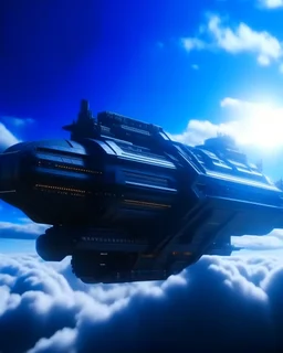 Nave intergalactica futurista ciencia ficción, calidad ultra, hiperdetallado, maximalista,, cielo con nubes pequeñas, 8k, cuerpo completo