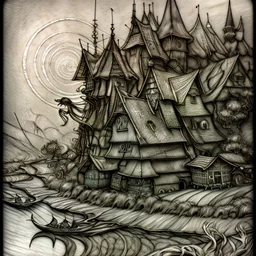 in the style of Arthur Rackham and Van Gogh, zentangle country side village, fantastical surrealistic, elegant, beautiful high definition fine 3D line art, watercolor ink and pen, extremely detailed, intricate, elaborate, HDR, beautiful, award winning, fantastic view, muted colours, fantasy, crisp quality