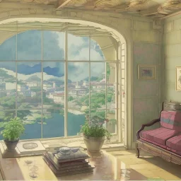  Living room with a big full wall window view on mediterranean city on sea , Ligurian architecture,interior design,point of perspective,by Jean Baptiste Monge, Epic cinematic, brilliant stunning, intricate, meticulously, detailed, dramatic atmospheric, maximalist digital matte painting