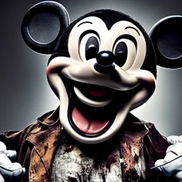 Rotting corpse zombie who is mickey mouse smiling, evil, arms forward like a mummy, fangs, sharp focus, ears, boots