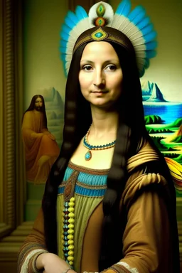 Mona Lisa wears a Pocahontas dress and a Native American feather on her head