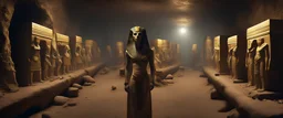 Hyper Realistic aliens inside Egyptian catacombs with lots of gold & pharaoh coffins at dark night