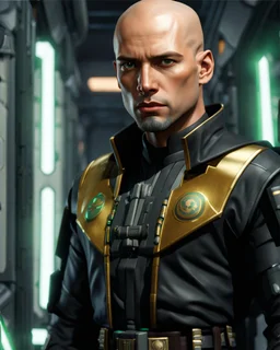 star wars bald male corellian jedi pilot wearing black and gunmetal grey old republic armored robes with gold trim inside the jedi temple holding a lightsaber with viridian green blade in left hand, centered head and shoulders portrait, hyperdetailed, dynamic lighting, hyperdetailed background, 8k resolution, volumetric lighting, light skin, fully symmetric details