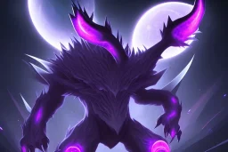 legendary dark type pokemon. Chaos. Black and purple colors. big. intimidating. moon. night. god. beast. creature.