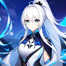 Clear focus, 8k, beautiful lighting, vibrant colors, girl, white hair, long hair, blue eyes, ponytail, honkai impact outfit,