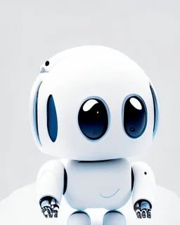 cute minimalistic robot with a big head, egg body, no fingers, digital similing face with pixeled eyes, super happy, white skin, small and plain simple, no buttons, 3/4 angled pose, awesome pose, background white background, oil painting