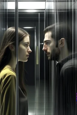 A woman and a man separated by a glass wall prevents the girl from crossing to the man her hair is long black Photorealistic