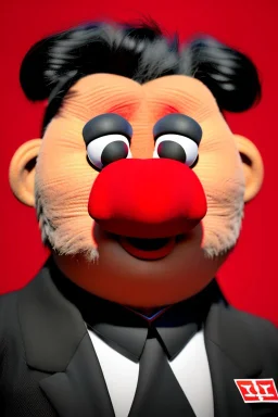 Waist up muppet Portrait, Kim Jong-un muppet doll, black suit, photo studio, red background, unreal engine 5, concept art, art station, god lights, ray tracing, RTX, lumen lighting, ultra detail, volumetric lighting, 3d.