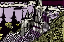 A dark magenta witch's castle painted by Roy Lichtenstein