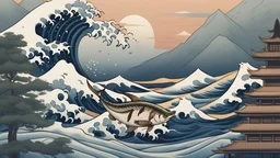 ukiyo e one tuna fish jump on the waves, mont fuji, japanese mountains, forest backgound, realistic hyperdetailed intricately ink paint draw detailed, unreal engine, intricate detail, splash screen, wave, complementary colors, concept art, 8k resolution, pale skin, twilight, extreme quality, extremely detailed, ultra-detailed face, ultra hd 8k,