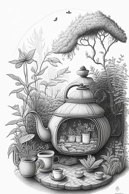 Cozy vibes drawing art tea pot, garden inside tea pot