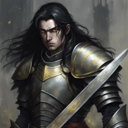 human caucasian, dnd character fantasy paladin knight, weathered plate armour, guilded effects, long black hair, gloomy expression, masculine facial features, pale perfect face, yellow eyes, serious moody eyes, drawn full portrait in the style of Nobuyoshi Araki