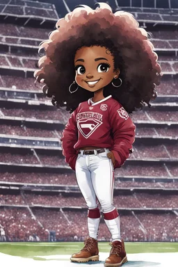 A sassy thick-lined watercolor cartoon image of a black chibi girl standing in front of a football stadium. She is wearing a University of South Carolina football jersey with tight white jeans and timberland boots. behind her curvy body. Looking up coyly, she grins widely, showing sharp teeth. Her poofy hair forms a mane framing her confident, regal expression. Prominent maekup with hazel eyes. Hair is highly detailed.