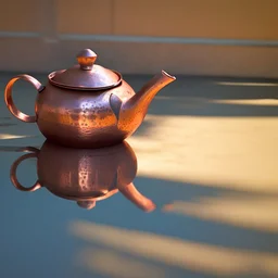 The reflection of a child on the surface of an old copper teapot