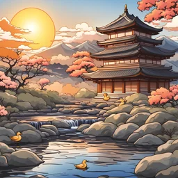 morning sunrise cartoon japan temple with ducks and a stream flowing