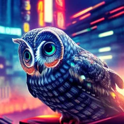 spanish, realistic rendering owl with, metal beak, red eyes, complex circuits on eyes, bombed city background, luminescent lights, blade runner, cimematic, michael mann movie