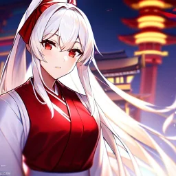 Clear focus, 8k, girl, high quality, detailed, white long ponytail hair, red eyes, beautiful lighting, vibrant colors, miko