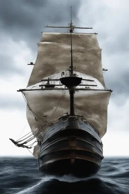 Ship front view with a Spider figurehead at night in a storm with giant waves