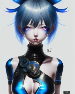 Detailed cute anime Kunoichi girl, blue hair buns, blue bangs, black latex bodysuit, intricate details, full body portrait, keep head in frame, slight smile, black Japanese motif, concept art, highly detailed, digital painting, concept art, sharp focus, illustration, art by Yoji Shinkawa, WLOP and greg rutkowski and alphonse mucha and artgerm and yanjun Chen and Junji ito and Makoto Shinkai, HDR, octane render