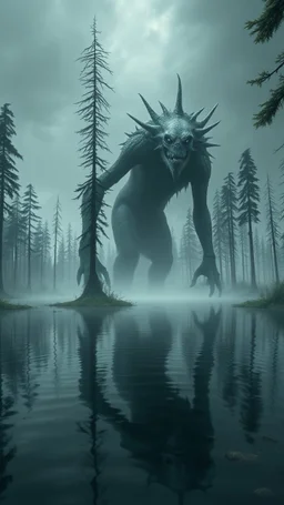 Bosch painting style nightmare , 3D , a monster of the mysterious lake from distant view surrounded by tall trees in the background, high Quality picture , 8k