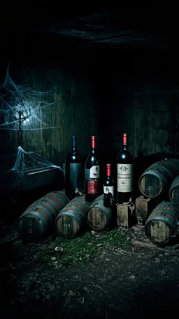 An old winery with a lot of old Burials in a dark room , a few bottles of red wines with and old labels and spider webs in side a dark abandoned underground dark room with a little dim touch on the wall, scary, dramatic, mysterious ambiance