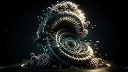 A genetically engineered plant emerges from a mesmerizing spiral, inspired by E. T. A. Hoffmann. This intricate 3D render depicts a fusion of primitivism and biochemistry, showcasing a fascinating blend of RNA bioweapons, xenobiology, and the morphing DNA helix. The image portrays a bioorganic concept of a mechanically evolved life form, born out of DNA experiments.