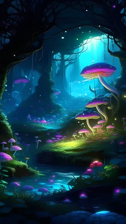 Imagine a mystical forest, filled with vibrant flowers and lush greenery, vibrant and neon glowing mushrooms, beautiful fairies with intricate details on their wings and ethereal beauty and apear almost lifelike as as they flit and dance around the mushrooms accompanied by fireflies and all is illuminated by the soft glow of the moon. The anime-style rendering will bring this magical world to life, with intricate details and stunning colors