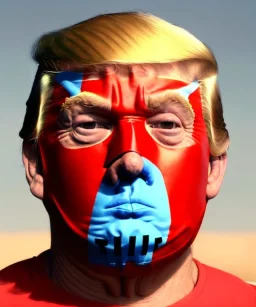 Realistic image of Donald trump wrestler, Mexican wrestling style, Mexican wrestling mask, chin and nose visibles, red and blue breeches, glow us flag dress, suspenders, cap, retro style, 80s, vibrant color, highly detailed, sky background, concept art, unreal engine 5, god rays, ray tracing, RTX, lumen lighting, ultra detail, volumetric lighting, 3d, finely drawn, high definition, high resolution.