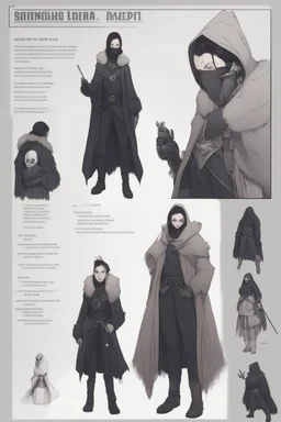 A dnd character sheet. A woman dressed for the cold north dressed in dark furs, with black hair. Death cleric wearing a mask with a skull, female woman girl