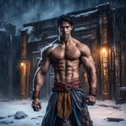 Hyper Realistic handsome muscular Aladdin with his prehistoric-costume standing bravely outside massive-dark-abandoned-factory-with-broken-windows-&-fancy-main-gate at dark snowfall night with dramatic & cinematic ambiance