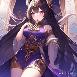 High quality, Detailed, Black long hair, Purple eyes, mouth open, blushing, goddess clothes